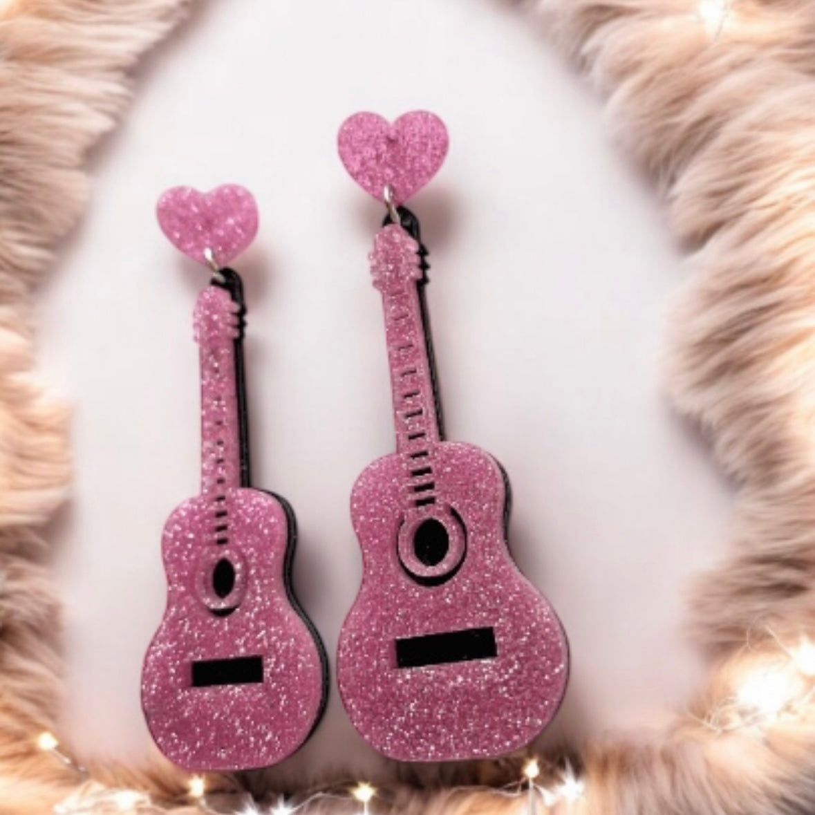 Musical instrument earrings | glitter pink guitar earrings | funky pop art earrings | acrylic art oversize earrings | quirky fun