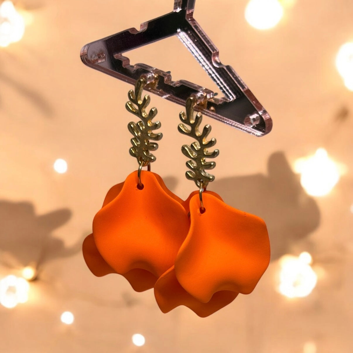 Orange -  flower earrings | dangle petals statement earrings | unique golden bar floral earrings | bridal party wedding earrings - TuttyKnitty
