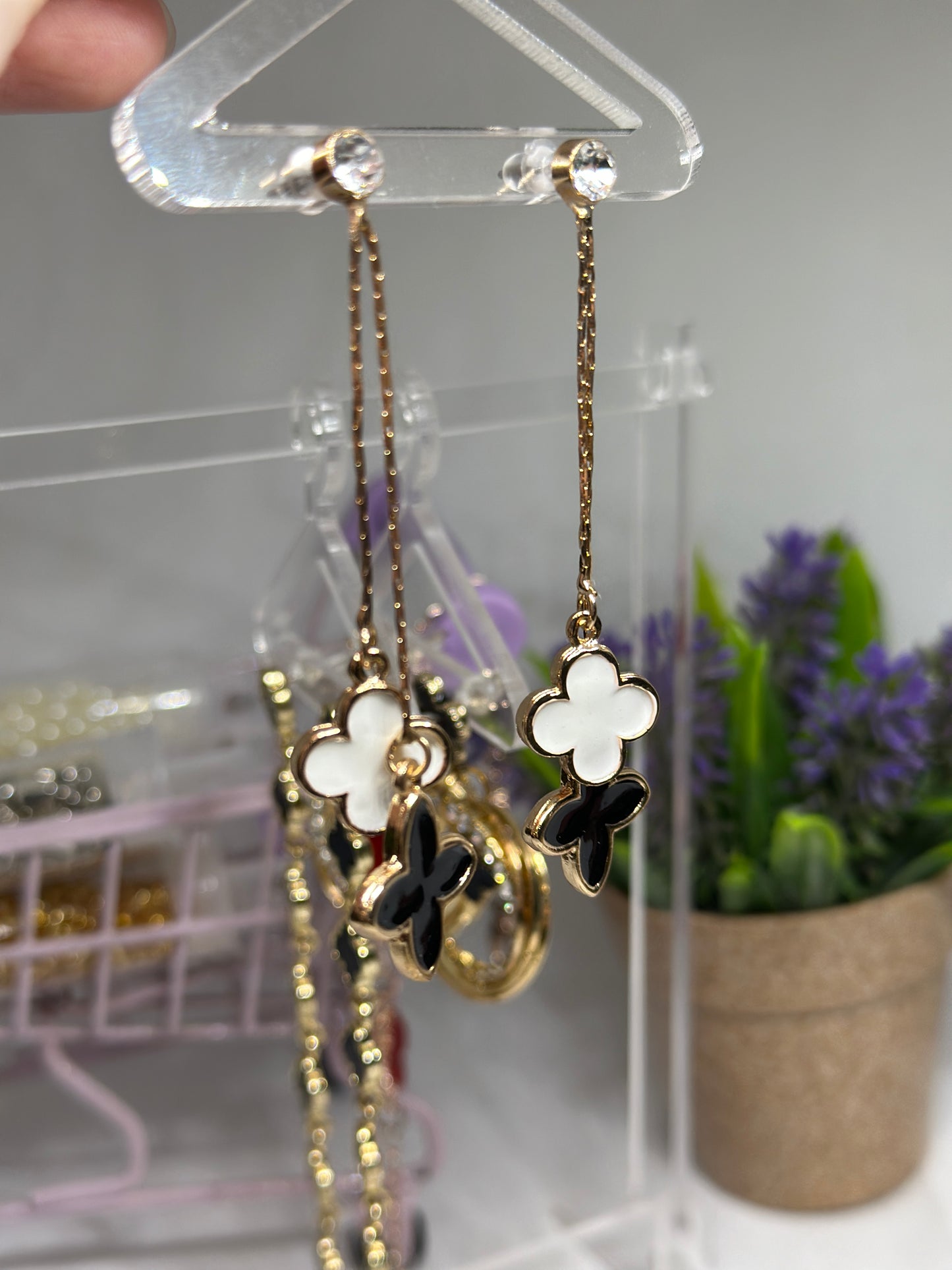 Golden clover earrings | long dangle elegant earrings