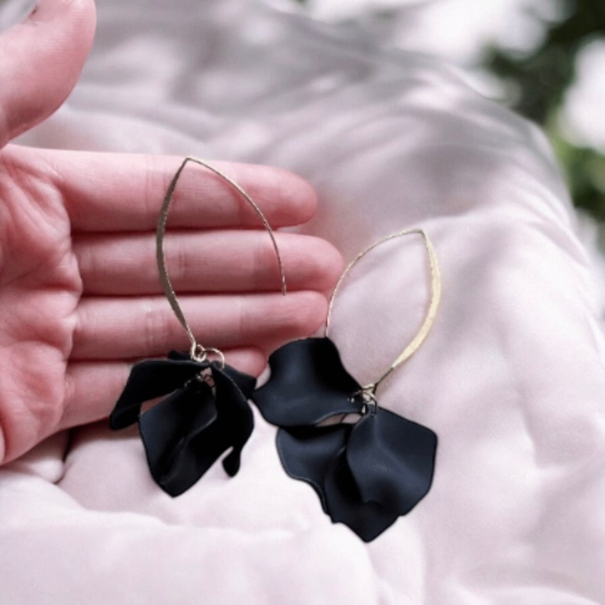 Pure black flowers earrings | frosted petals hoop earrings | unique floral earrings | golden crumpled geometric floral bridal earrings