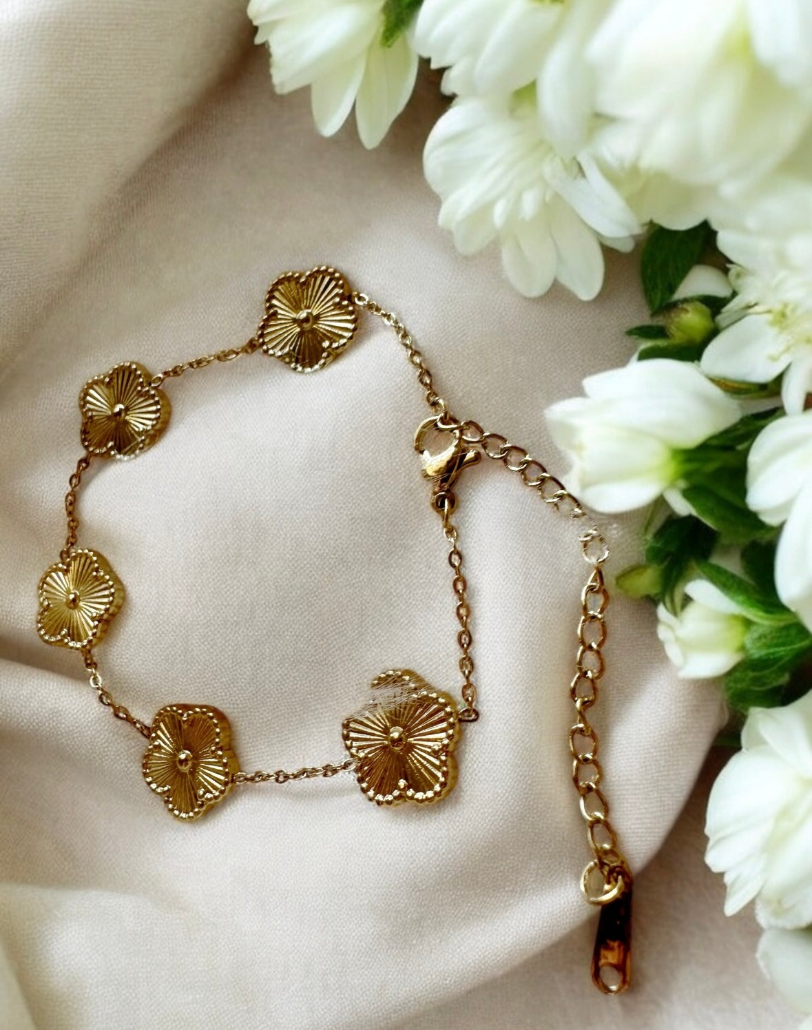 Golden bracelet with clover pattern | floral embossed | shinny decor bracelet