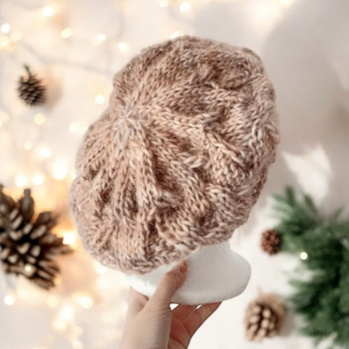 Handknit Cable Slouchy Beanie | Knit Beret |Slouchy Hat in beige brown mix colour| Knit beanie in earth tone |Fluffy chunky cozy winter hat