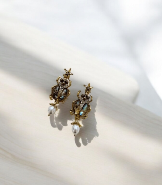 Golden beetle earrings | colourful stone earrings with pearls | gold beetle flying insect statement earrings | modern retro earrings