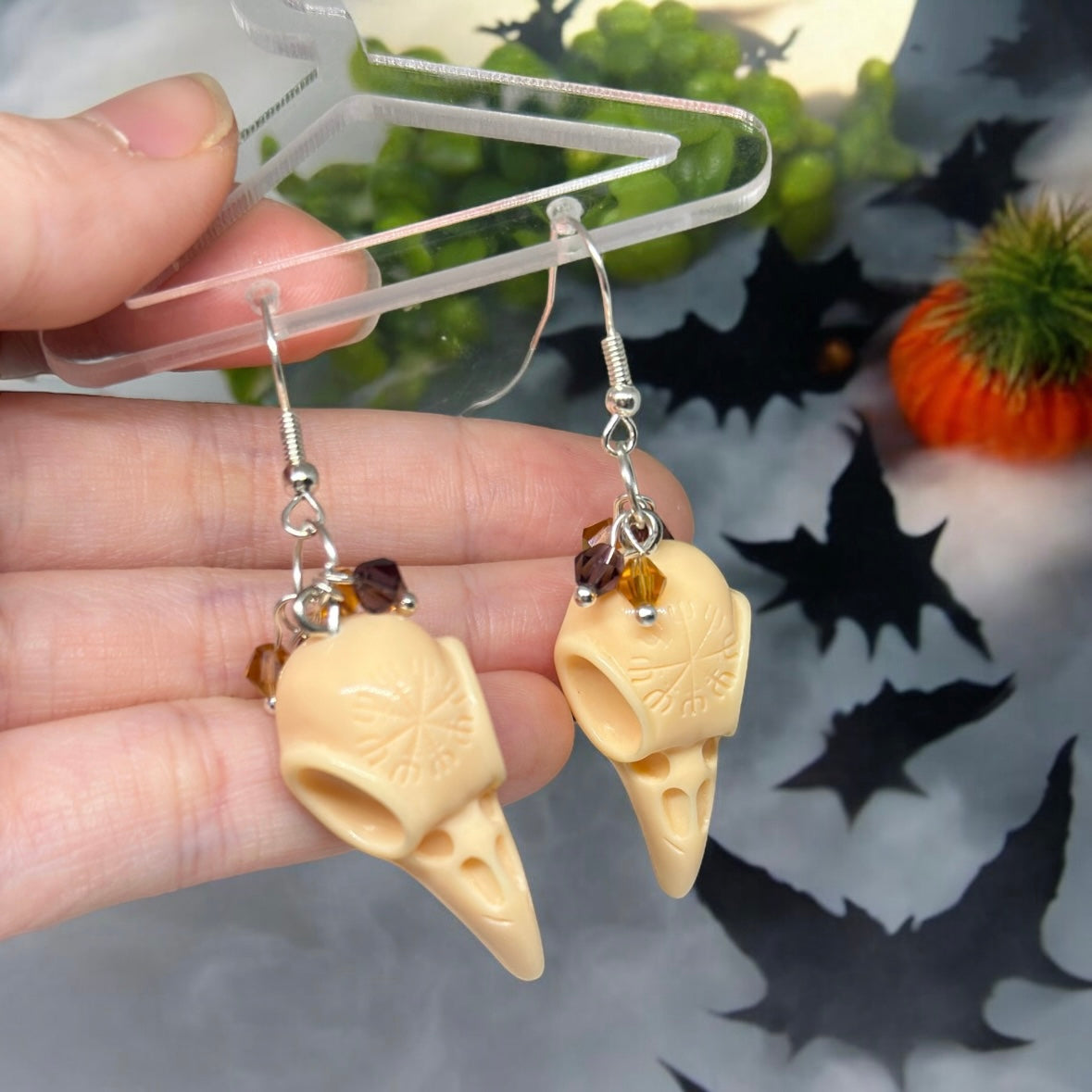 Raven head skulls halloween earrings