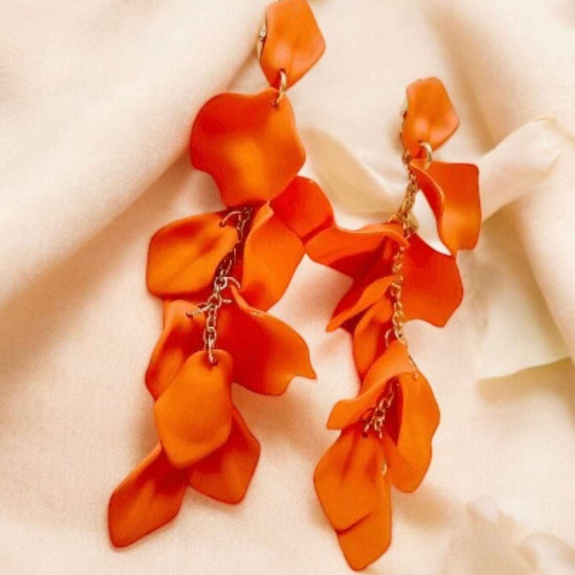 Bright orange flowers earrings | frosted petals hoop earrings | statement earrings | golden crumpled geometric floral bridal earrings