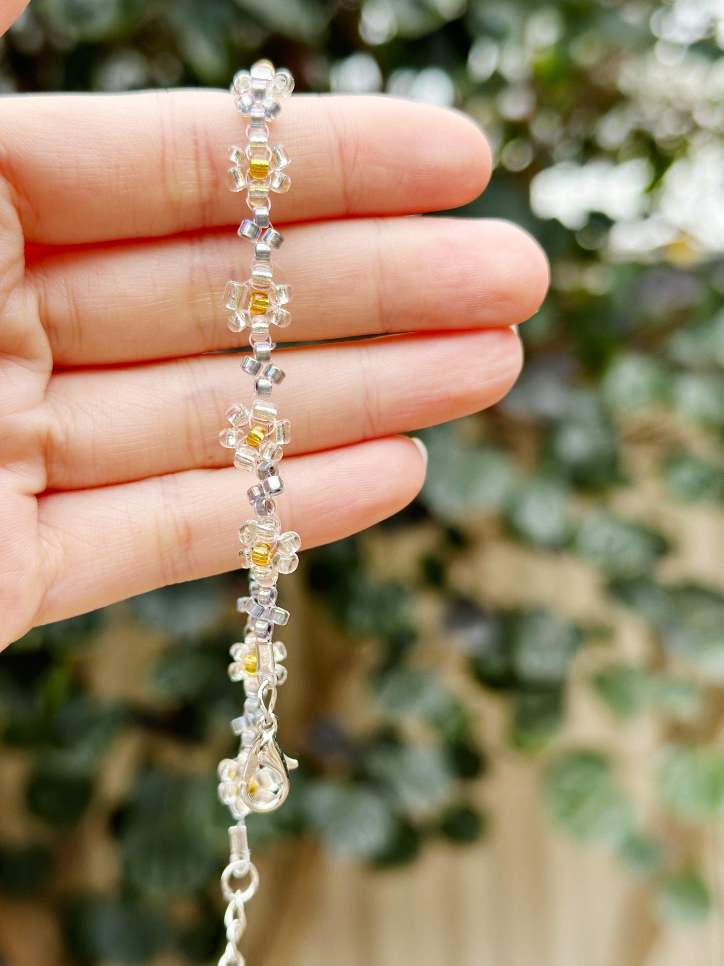 Silver & Gold Beaded bracelet with daisy pattern | silver colour chain | shinny decor bracelet |