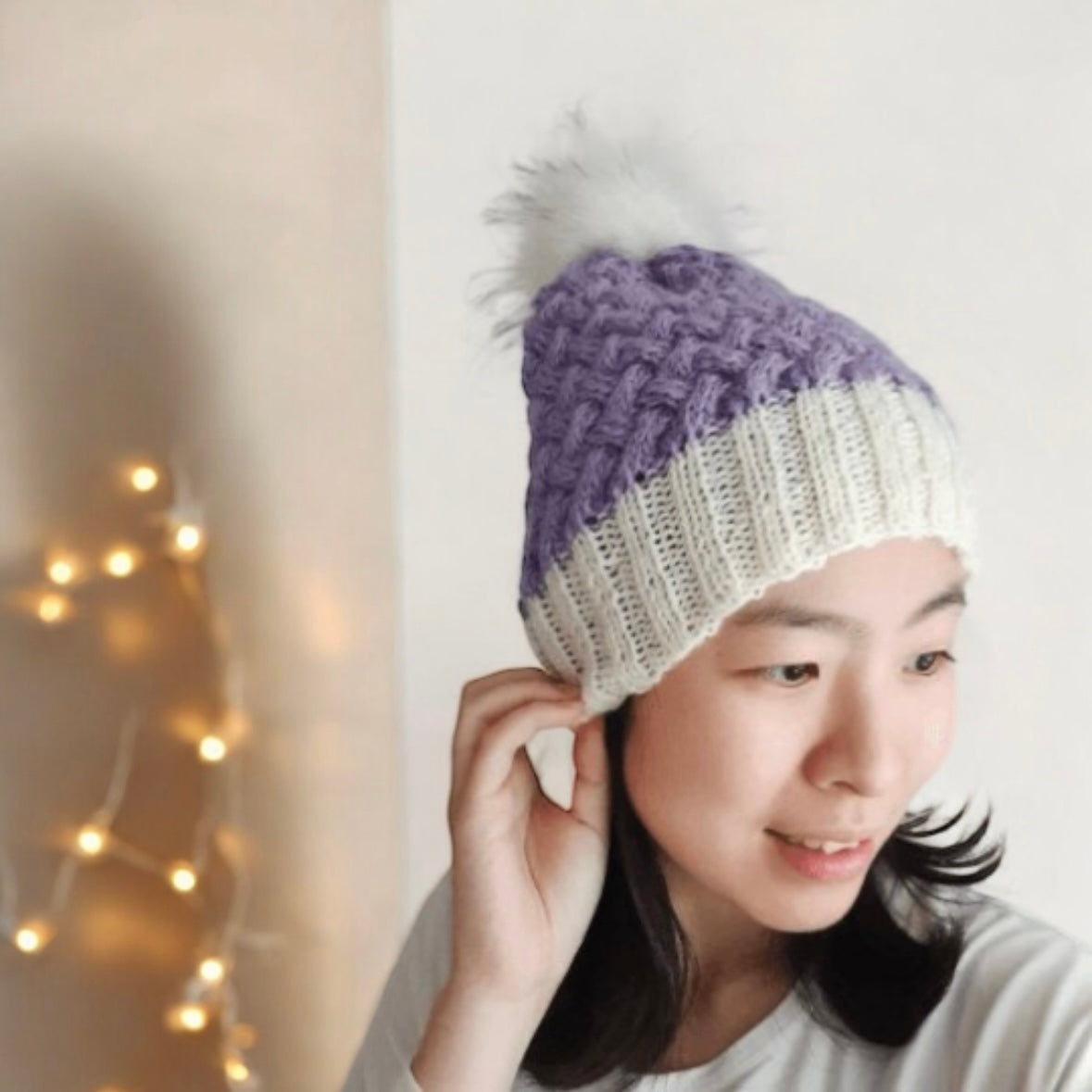 Cable beanie with Fur Pom Pom in Light Purple | Lilac - Knit Cable beanie - Knit winter Hat - Pom Pom knit hat - beanie