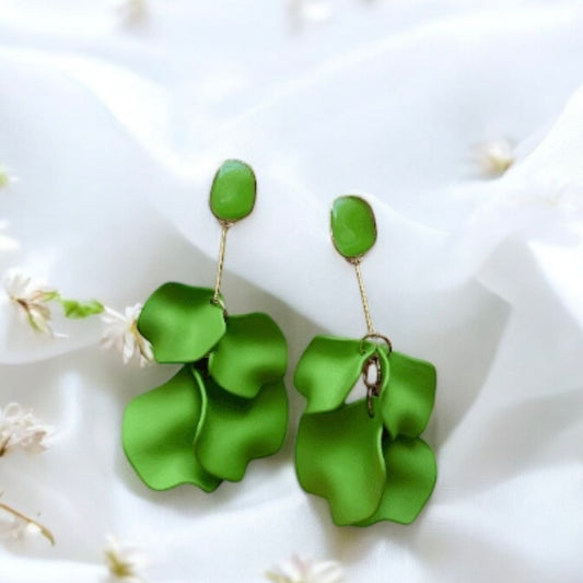 Shamrock light green flower earrings |dangly earrings | frosted petals hoop statement earrings | unique gold geometric floral earrings