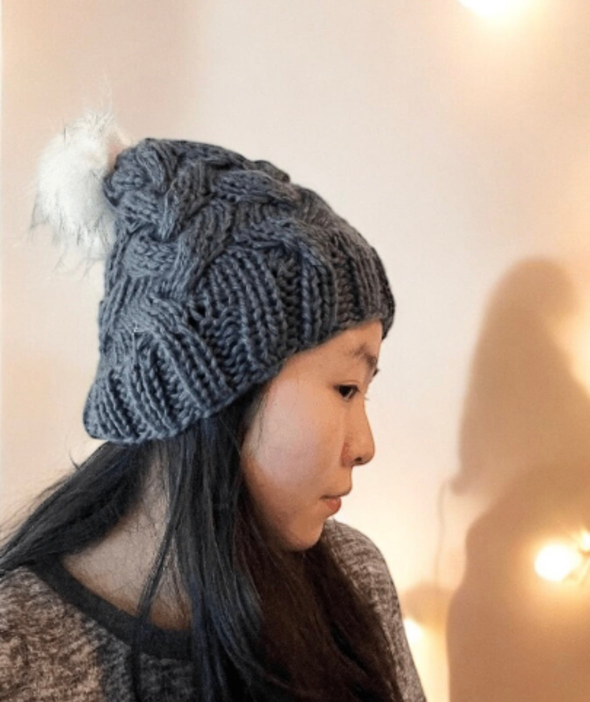 Handknit Cable Beanie | Knit Beret | Slouchy Hat in dark grey | Knit beanie in charcoal | Fluffy cozy fur pom pom winter hat