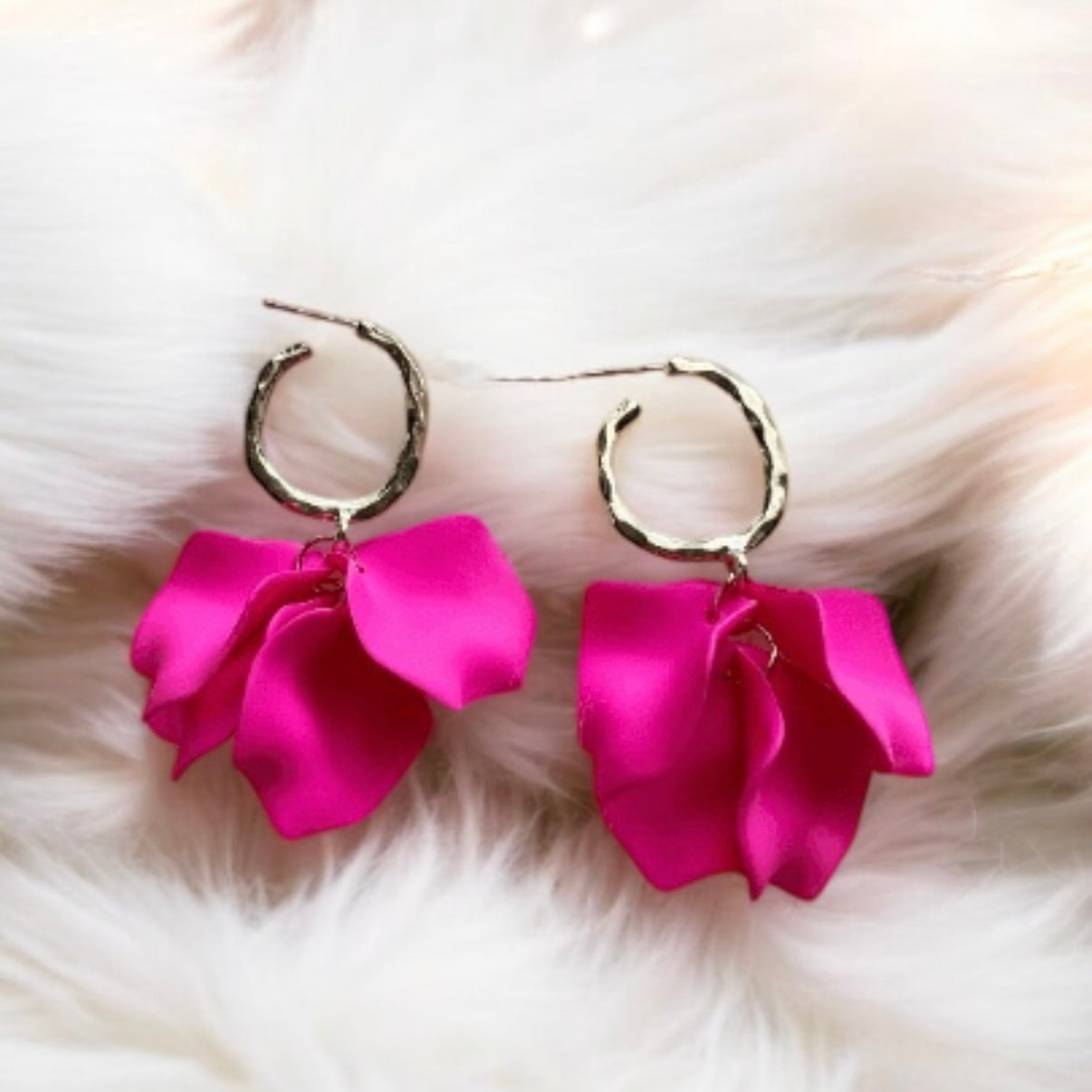 Hot pink flower earrings | dangle petals baroque earrings | unique gold geometric floral earrings | bridal party wedding earrings Inactive