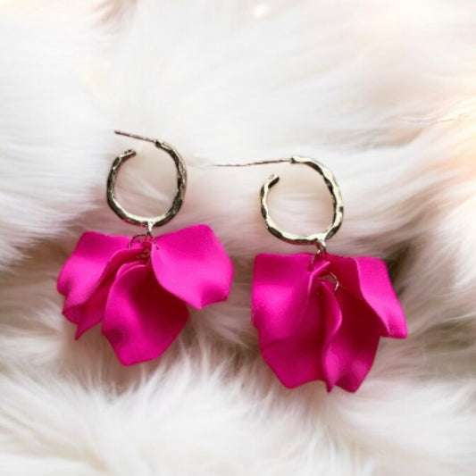 Hot pink flower earrings | dangle petals baroque earrings | unique gold geometric floral earrings | bridal party wedding earrings Inactive