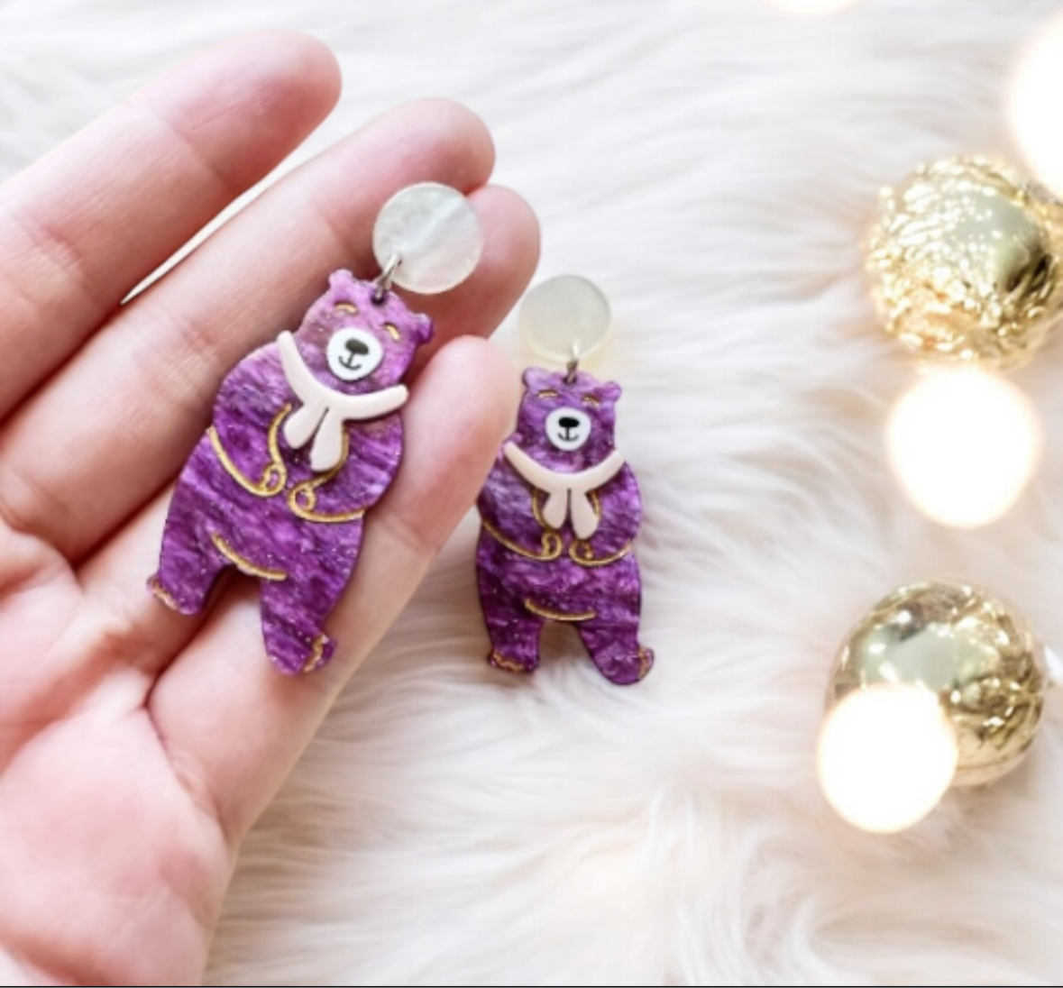 Purple bear acetate earrings | colourful glitter stud dangle | Kawaii drop sweet earrings | fun art acrylic earrings