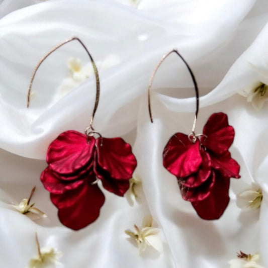 Hot red iridescent flower earrings | gold shinny shell petals dangle earrings |unique floral earrings | bridal party wedding earrings