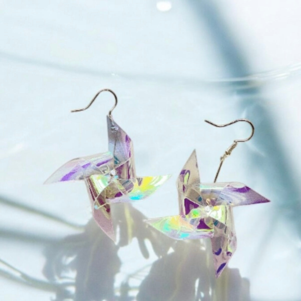 Iridescent windmill earrings | transparent hologram pinwheel kawaii dangle earrings | pop art aesthetic y2k fun drop earrings