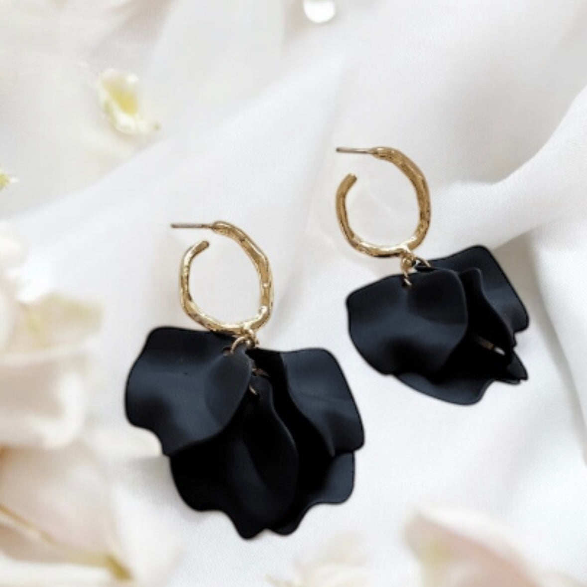 Pure black flower earrings | unique dangle petals earrings | golden baroque floral earrings | bridal party wedding earrings