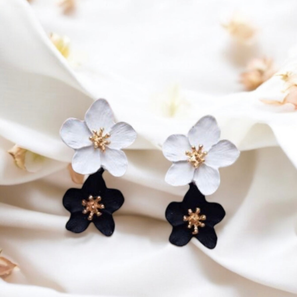 Black white flowers dangly earrings | matte petals crumpled textured | statement earrings | golden geometric floral earrings