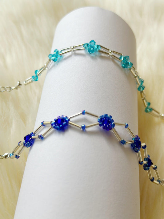 Silver & Blue Beaded bracelet with daisy pattern | silver colour chain | shinny decor bracelet |