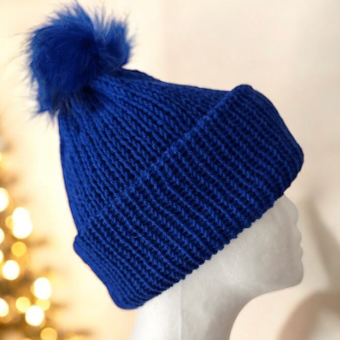 Handmade Double layered Knit beanie with faux fur pompom | Fur Pom Pom hat | Winter Knit Hat | Australian wool royal blue hat