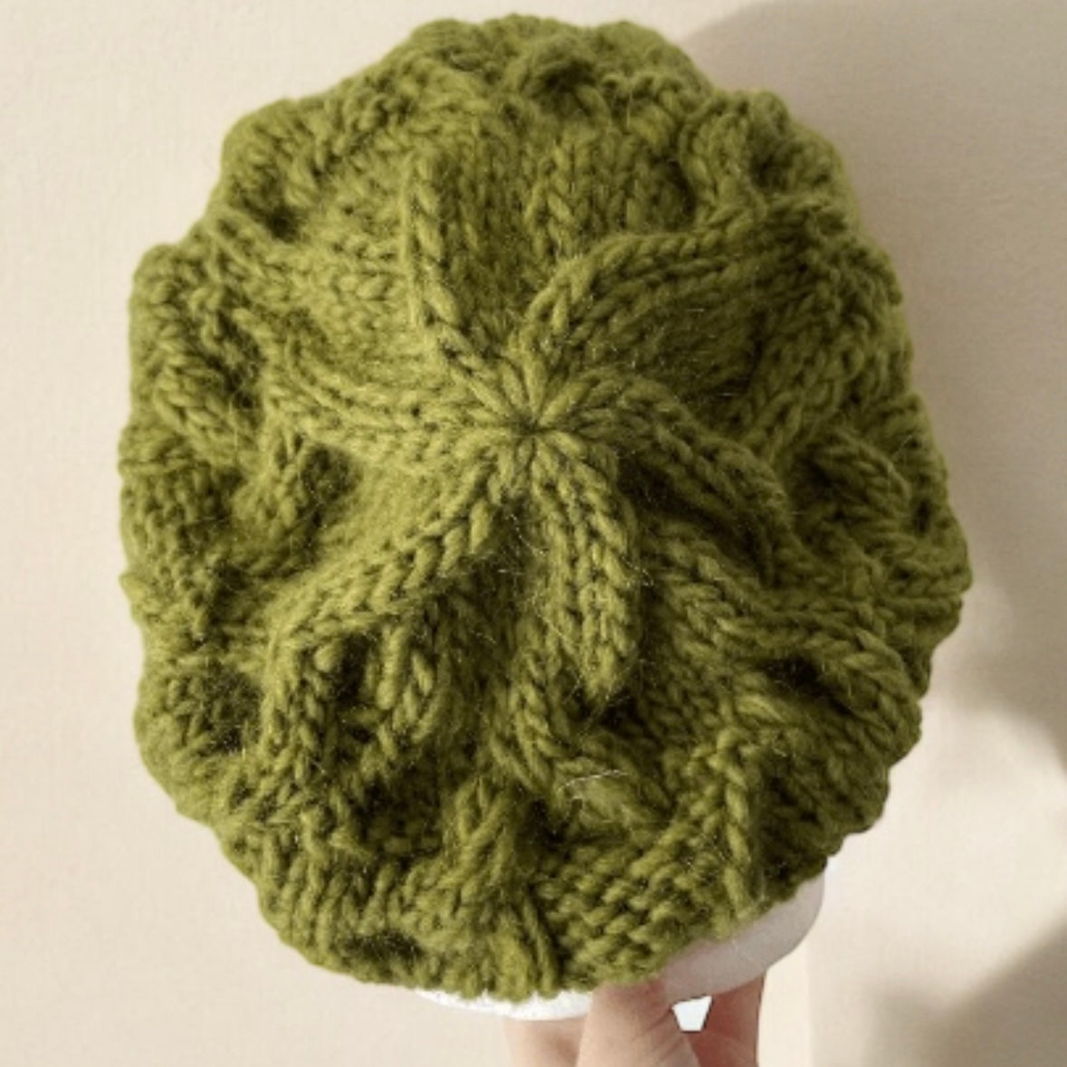 Handknit Cable Slouchy Beanie | Knit Beret | Slouchy Hat in green colour| Knit beanie in dark moss green | Fluffy and cozy winter hat