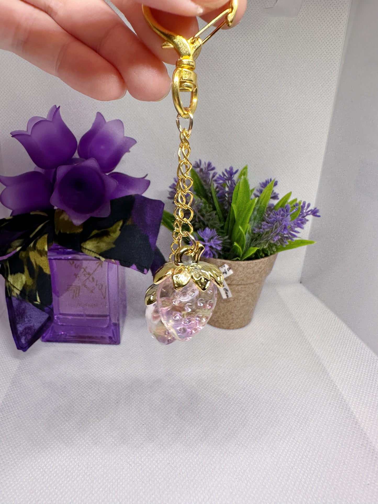 Strawberry bag charm | key chain | golden chain with heart bucket | y2k chain | bag lover gift