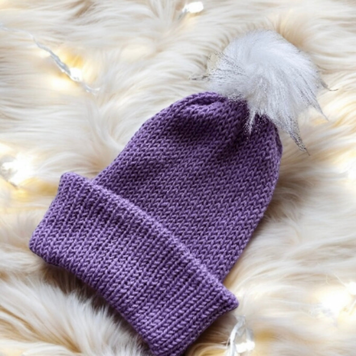 Handmade Double layered Knit beanie with faux fur pompom | Fur Pom Pom hat | Winter Knit Hat | Australian merino wool purple hat