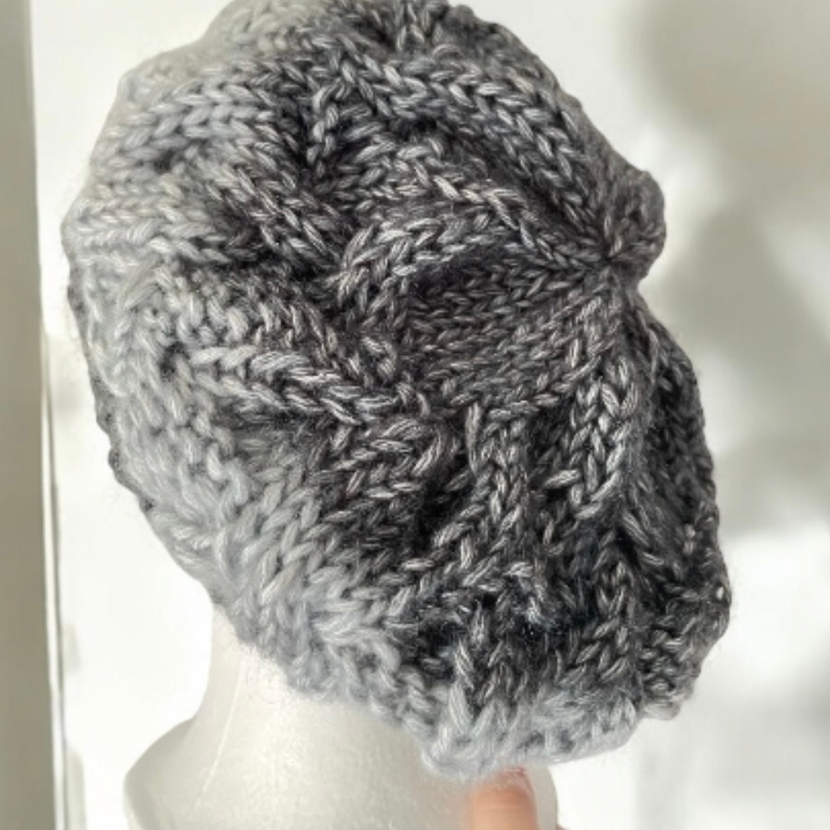 Handknit Cable Beanie | Knit Beret | Slouchy Hat in ombre grey and black | Knit beanie in monochrome tonal | Fluffy and cozy winter hat