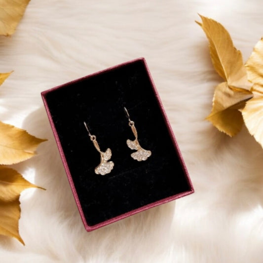 Ginkgo leaf Flower Gold statement earrings | mini rhinestone dangly drop earrings | floral geometric earrings | Korean earrings