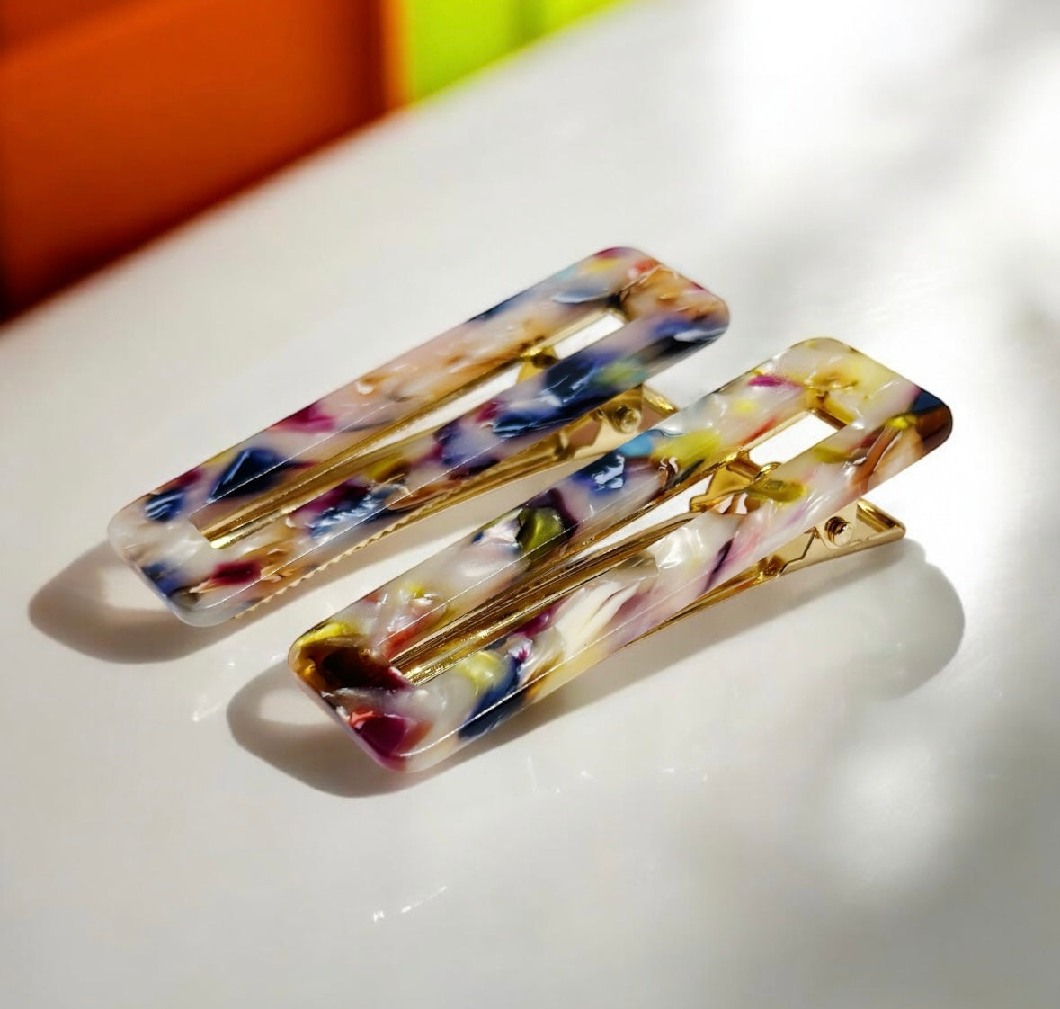 Colourful resin tortoise shell barrette clips in pairs | foil glitter flecks hair clips | confetti bright rainbow multicolour acetate clip