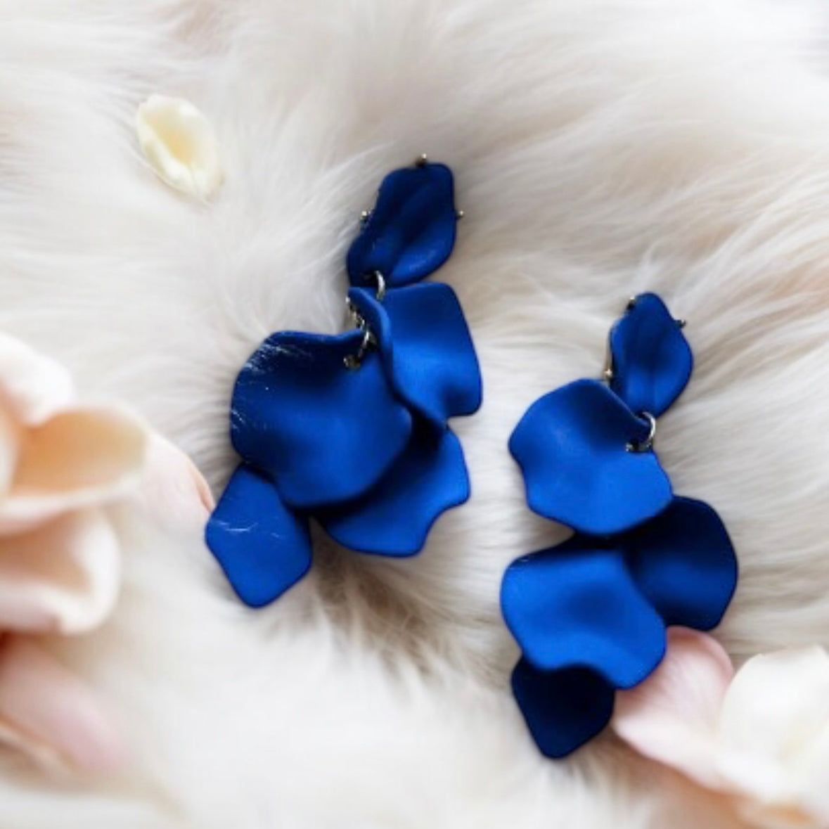 Blue matte flower earrings | dangle petals baroque earrings | unique gold floral earrings | bridal party wedding earrings