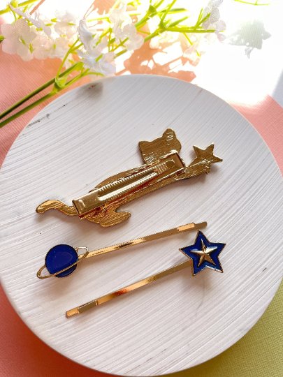 3 pack Celestial kitty hair clips| blue moon stars constellation planet | korean hair accessories | enamel glitters hair pin |cat lover gift - TuttyKnitty