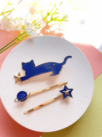 3 pack Celestial kitty hair clips| blue moon stars constellation planet | korean hair accessories | enamel glitters hair pin |cat lover gift - TuttyKnitty