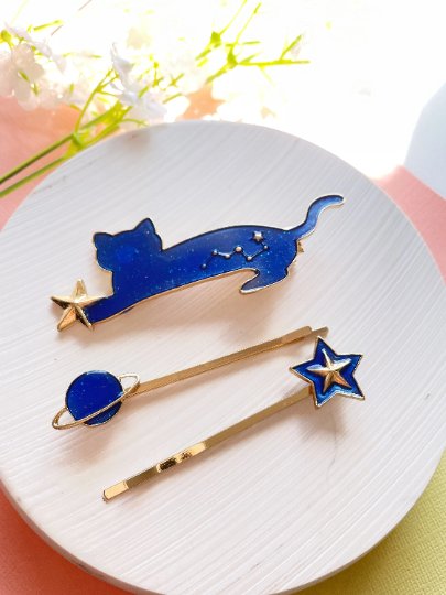 3 pack Celestial kitty hair clips| blue moon stars constellation planet | korean hair accessories | enamel glitters hair pin |cat lover gift - TuttyKnitty