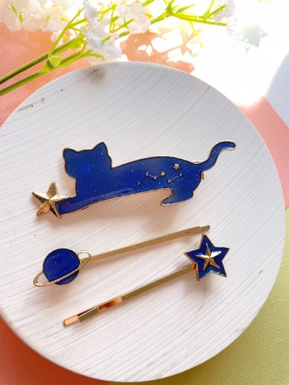 3 pack Celestial kitty hair clips| blue moon stars constellation planet | korean hair accessories | enamel glitters hair pin |cat lover gift - TuttyKnitty