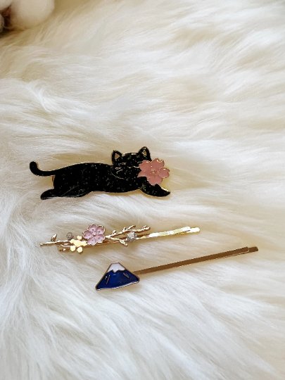 3 pack Celestial kitty hair clips| japanese sakura fuji mountain | korean style hair accessories | enamel glitters hair pin |cat lover gift - TuttyKnitty