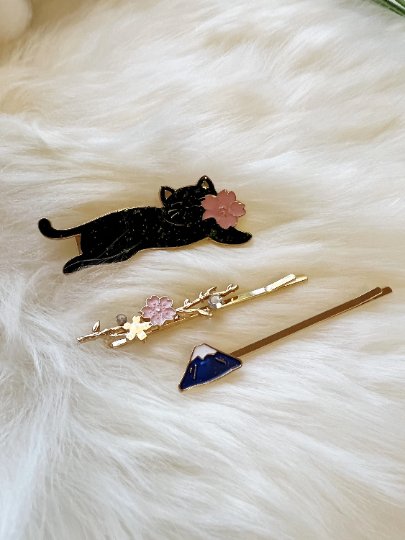 3 pack Celestial kitty hair clips| japanese sakura fuji mountain | korean style hair accessories | enamel glitters hair pin |cat lover gift - TuttyKnitty