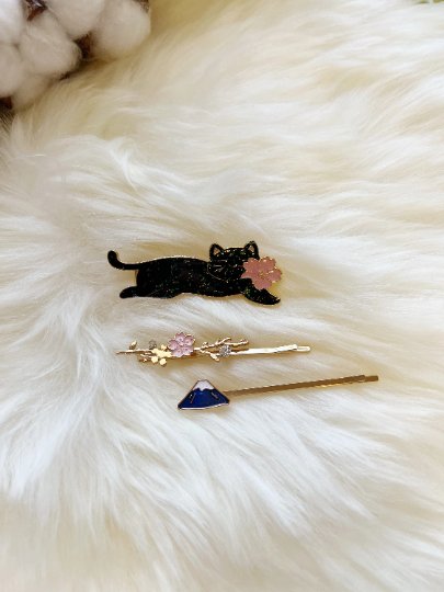 3 pack Celestial kitty hair clips| japanese sakura fuji mountain | korean style hair accessories | enamel glitters hair pin |cat lover gift - TuttyKnitty