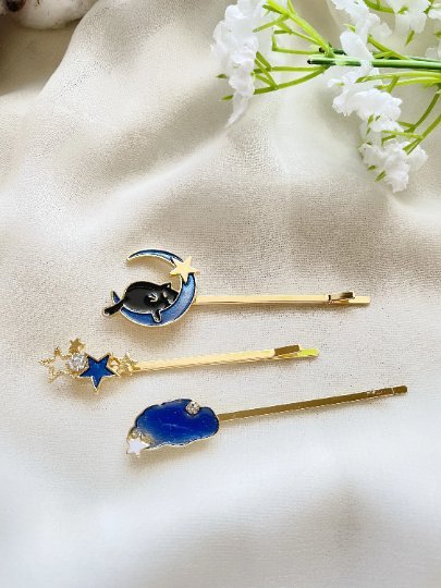 3 pack kitty hair clips| sleepy cat on moon | glitter blue star and cloud celestial korean style | enamel glitters hair pin |cat lover gift - TuttyKnitty