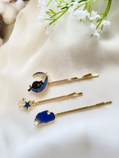 3 pack kitty hair clips| sleepy cat on moon | glitter blue star and cloud celestial korean style | enamel glitters hair pin |cat lover gift - TuttyKnitty