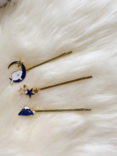 3 pack kitty hair clips| sleepy cat on moon | glitter blue star and cloud celestial korean style | enamel glitters hair pin |cat lover gift - TuttyKnitty