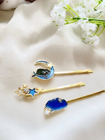 3 pack kitty hair clips| sleepy cat on moon | glitter blue star and cloud celestial korean style | enamel glitters hair pin |cat lover gift - TuttyKnitty