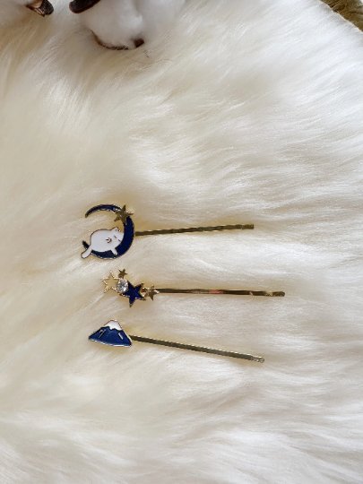 3 pack kitty hair clips| sleepy cat on moon | glitter blue star and cloud celestial korean style | enamel glitters hair pin |cat lover gift - TuttyKnitty