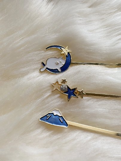 3 pack kitty hair clips| sleepy cat on moon | glitter blue star and cloud celestial korean style | enamel glitters hair pin |cat lover gift - TuttyKnitty