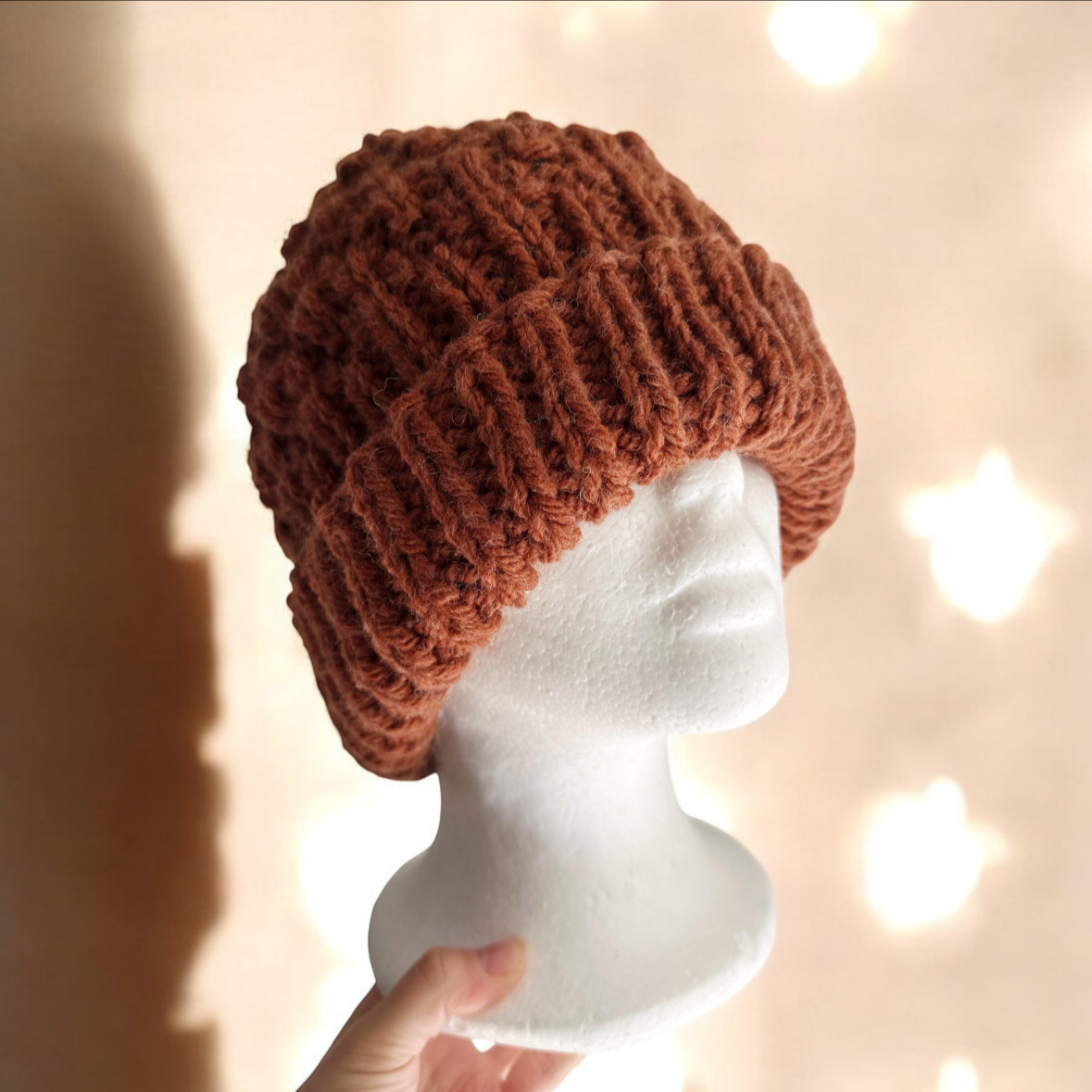 Handknit Chunky Patterned Beanie | Knit Beret | Foldable brim in saffron | Knit beanie in coffee | Fluffy and cozy winter hat