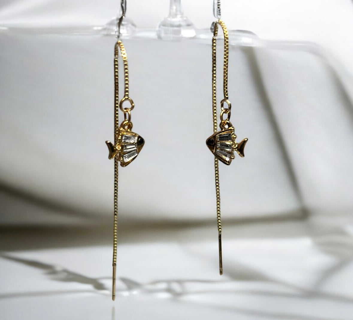 Golden fish dangle threader earrings | chain rhinestone dangle earrings | minimalist elegant statement earrings | cute kawaii earrings