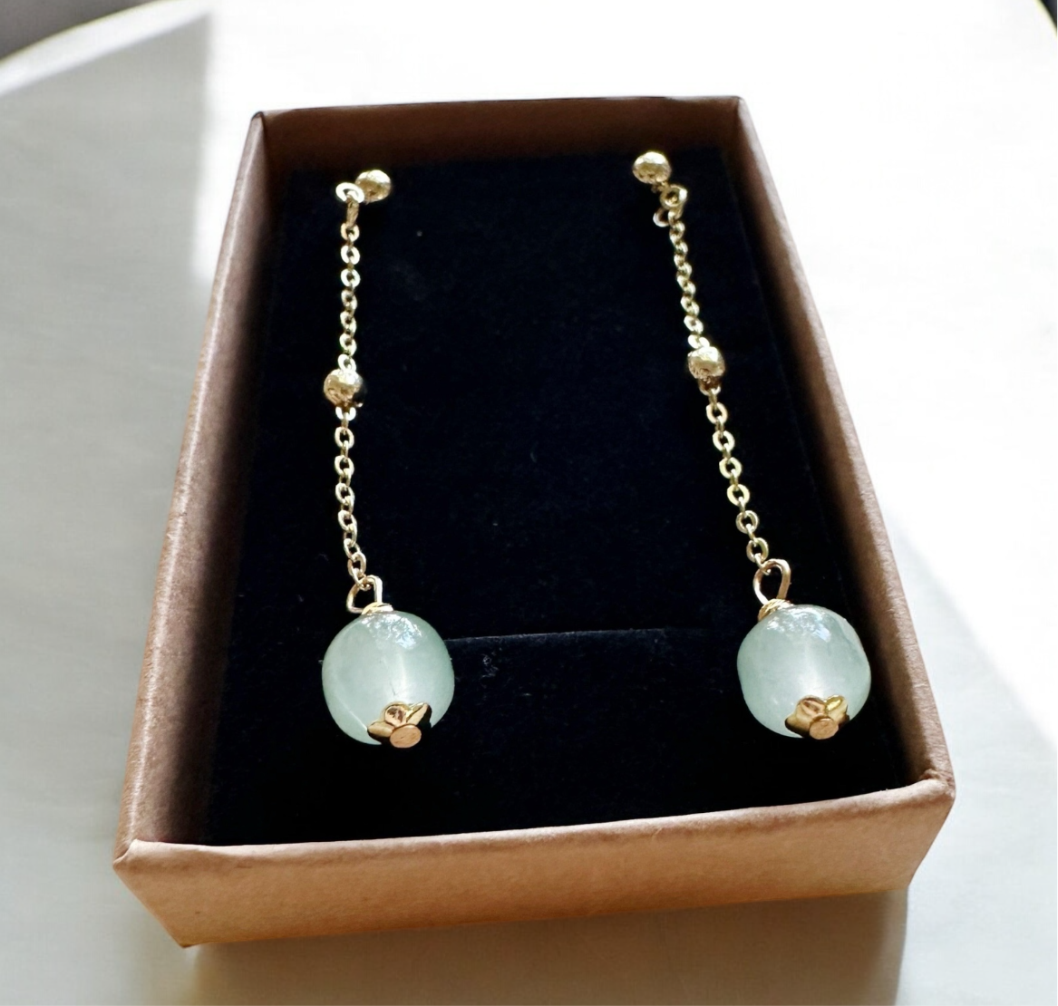 Gold statement earrings with pearl and stone |dangle pearl drop earrings | translucent green stone drop earrings | Korean dangly beads earrings