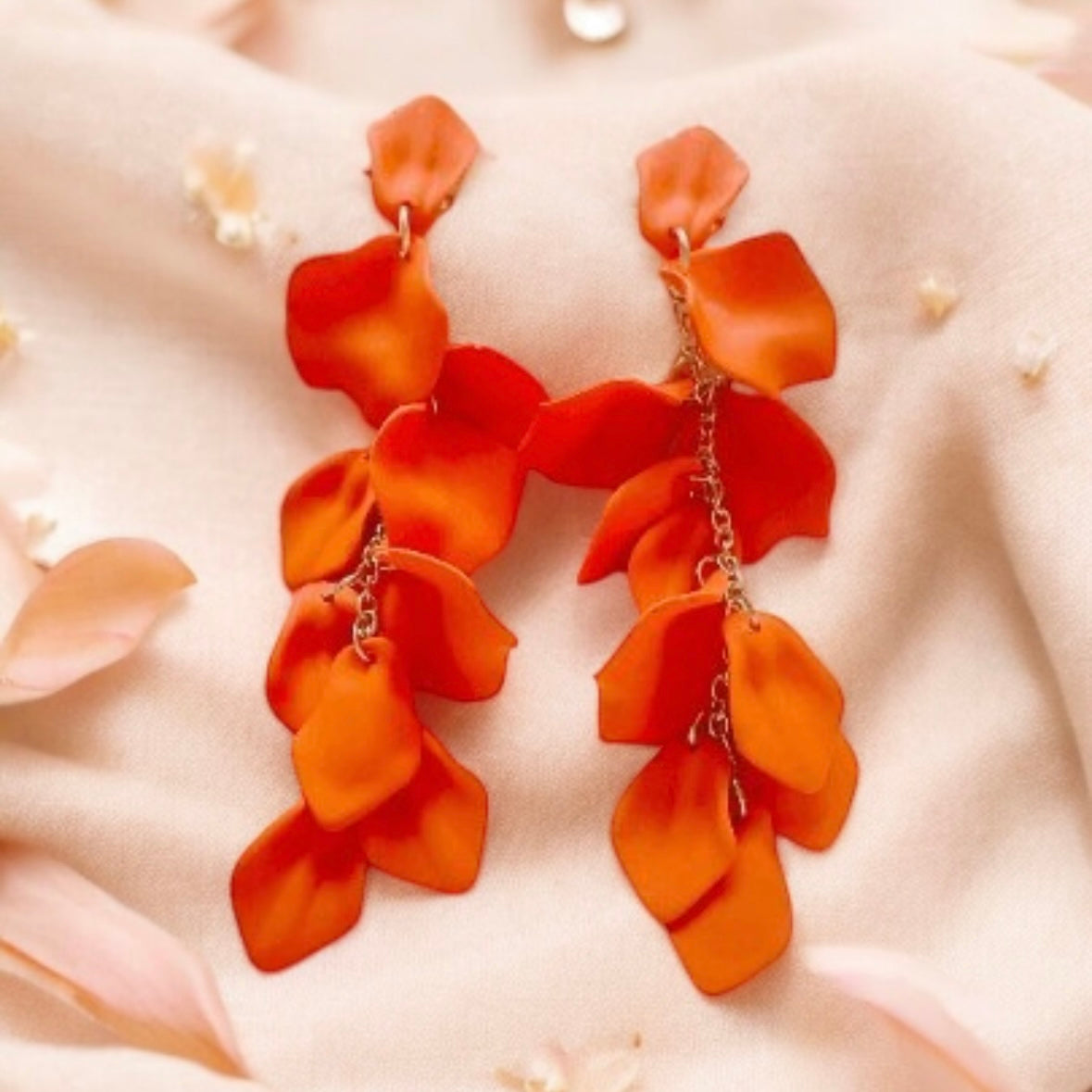 Bright orange flowers earrings | frosted petals hoop earrings | statement earrings | golden crumpled geometric floral bridal earrings