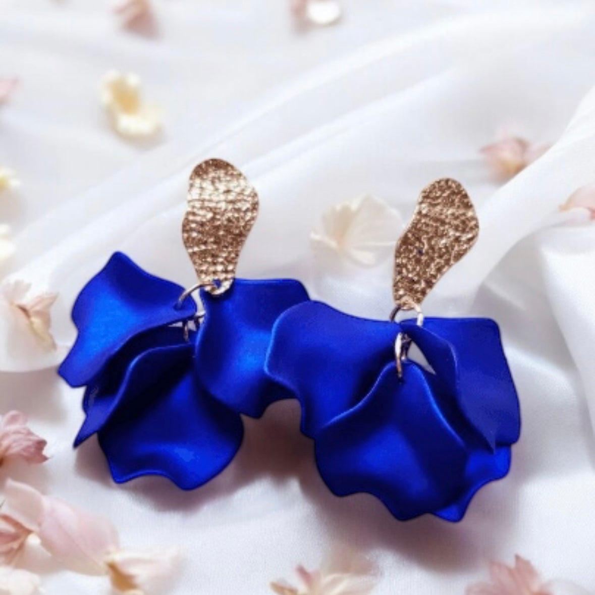 Royal blue iridescent flower earrings | rose petals statement earrings | unique golden bar floral earrings | bridal party wedding earrings