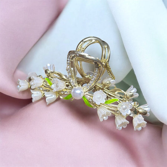 Lily of the valley with rhinestone and pearl hair claw | fairy theme hair decor