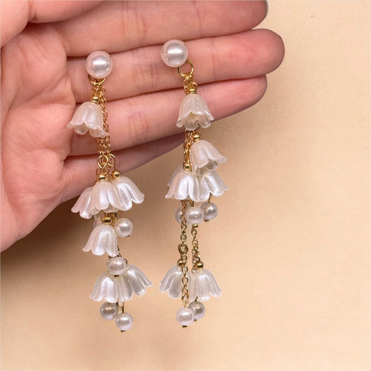 Whimsical - Lily of the valley flowers dangle earrings | minimalist earrings | pearl beads