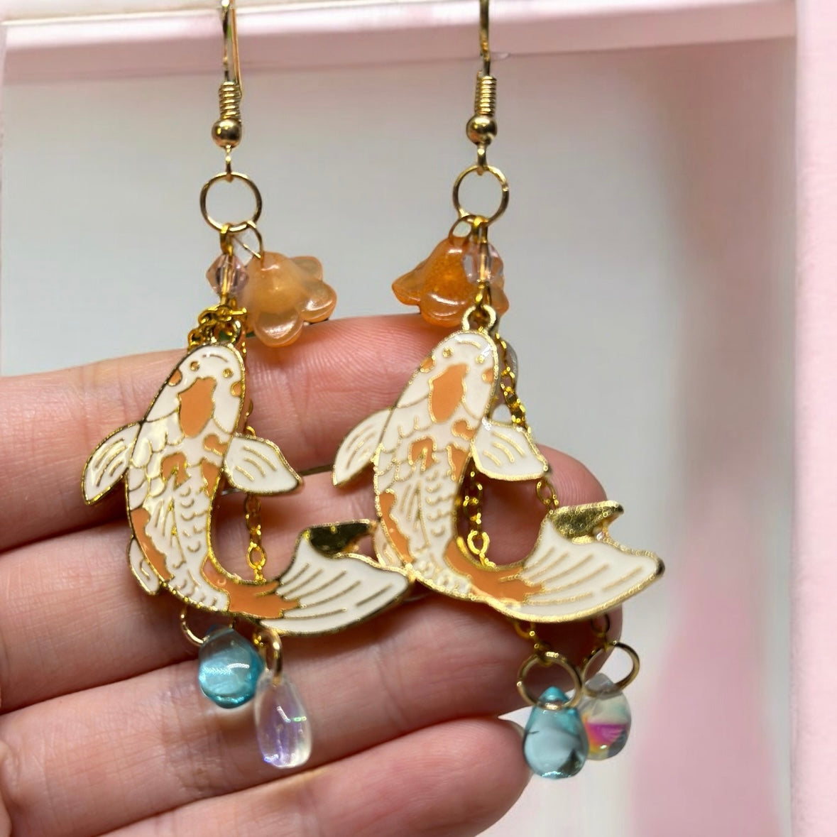 Orange Colourful japanese koi fish flag dangle earrings | oriental style Drop earrings | minimalist earrings | fish shaped earring